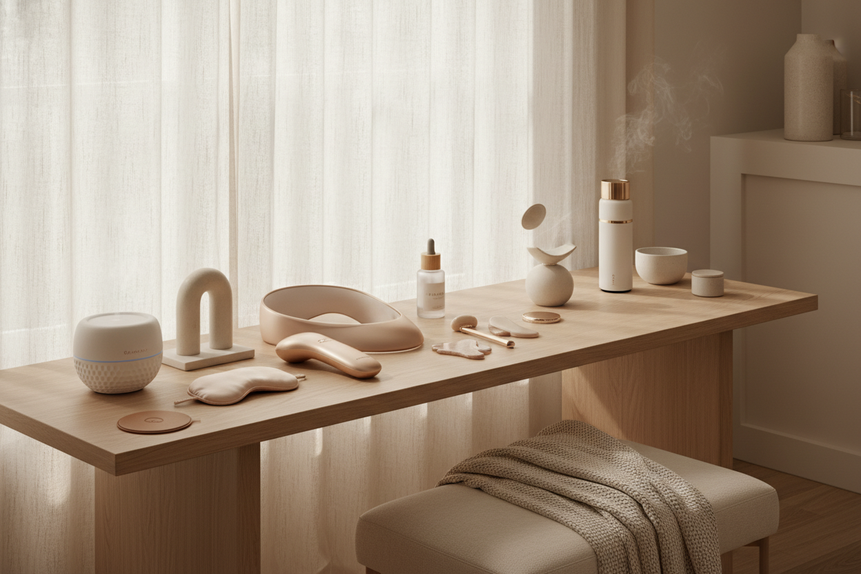 A warm cozy lifestyle scene with a soft-beige interior, featuring beauty devices, wellness accessories, and elegant home gadgets placed aesthetically on a clean surface. Nude and sand tones, soft diffused lighting, premium textures, calming aesthetic, subtle glam elements. Perfect DTC banner. No text. 3:1 ratio.